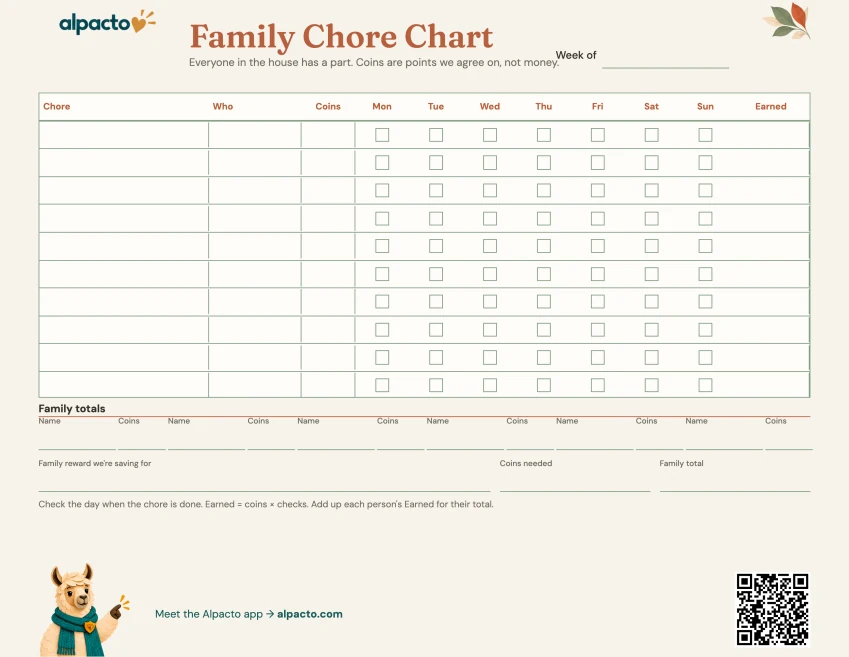 Family Chore Chart, warm design, blank, terracotta headings on cream