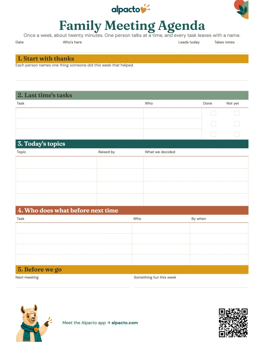 Blank family meeting agenda, color design, with ochre, sage, teal and terracotta section bars