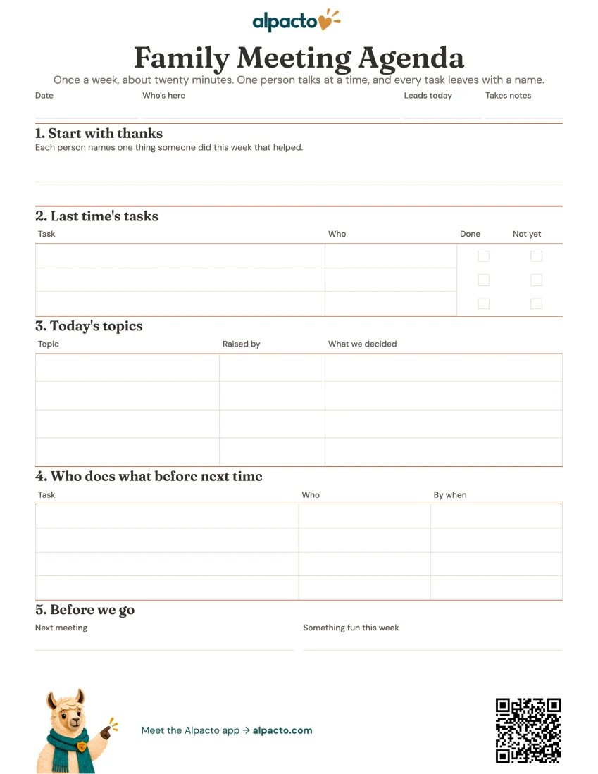 Family meeting agenda printable, blank