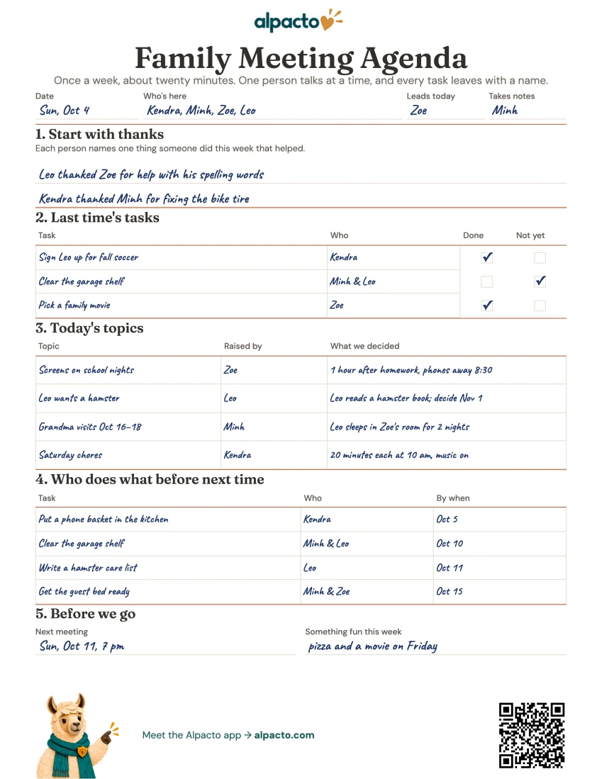 Family meeting agenda sample filled in for Kendra, Minh, Zoe and Leo, minimal design, with two tasks Done and one Not yet