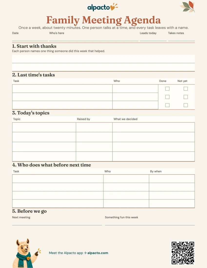 Blank family meeting agenda, warm design, cream paper with a terracotta title and a sage table grid
