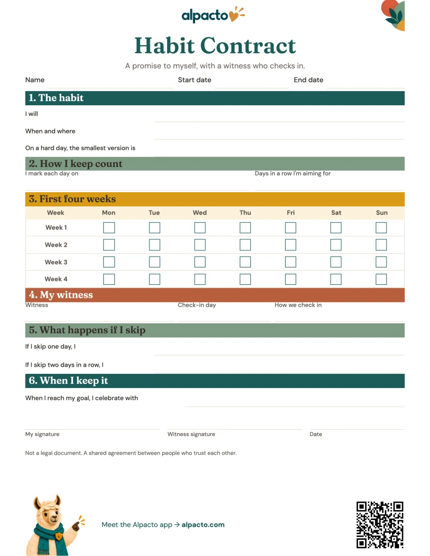 Habit contract template, color design, blank
