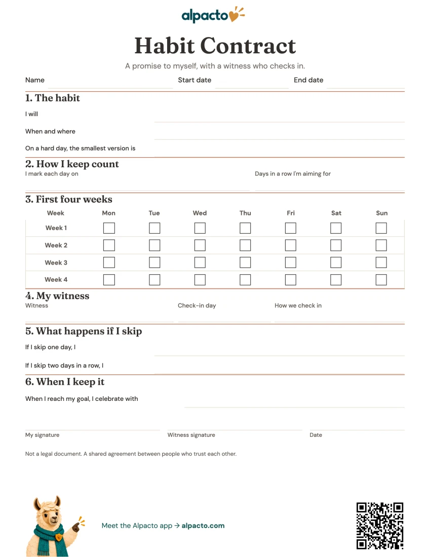 Habit contract template, minimal design, blank