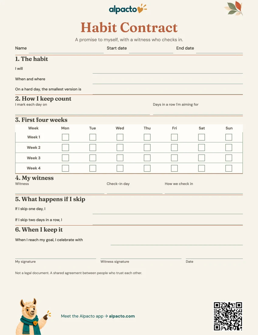 Habit contract template, warm design, blank