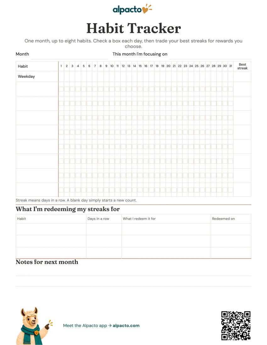 Printable habit tracker for one month, blank page