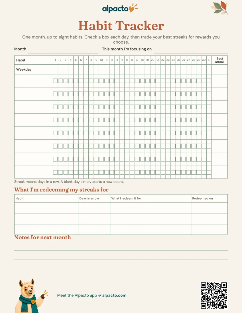 Habit tracker, warm design, blank