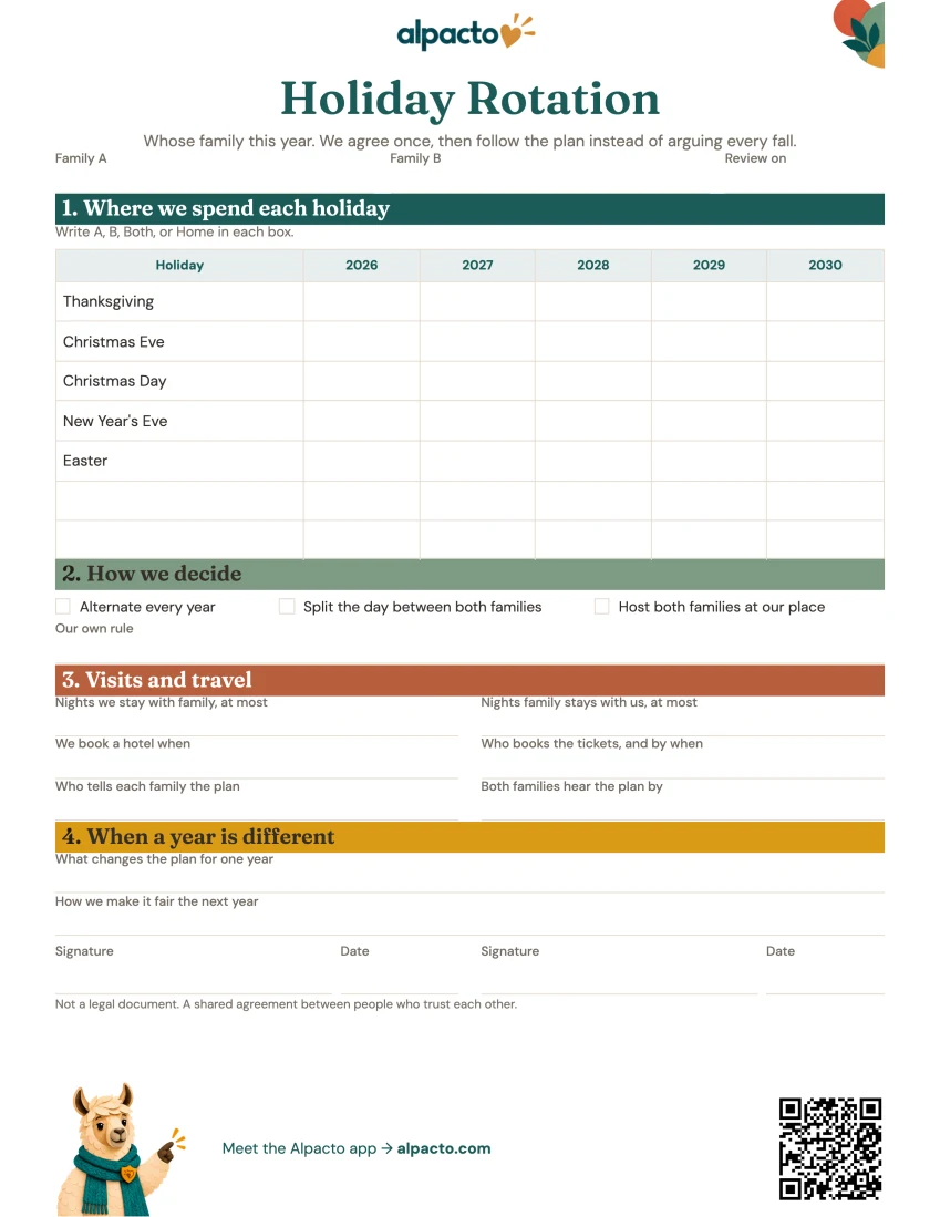 Blank holiday rotation sheet, color design, with teal, sage, terracotta and ochre section bands