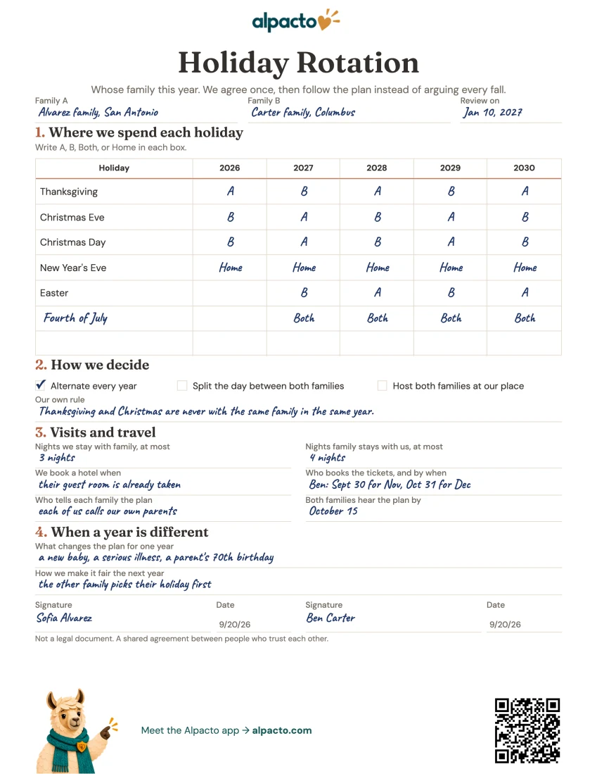 Holiday rotation sheet filled in for Sofia and Ben, minimal design, with A, B, Both and Home in the 2026 to 2030 columns