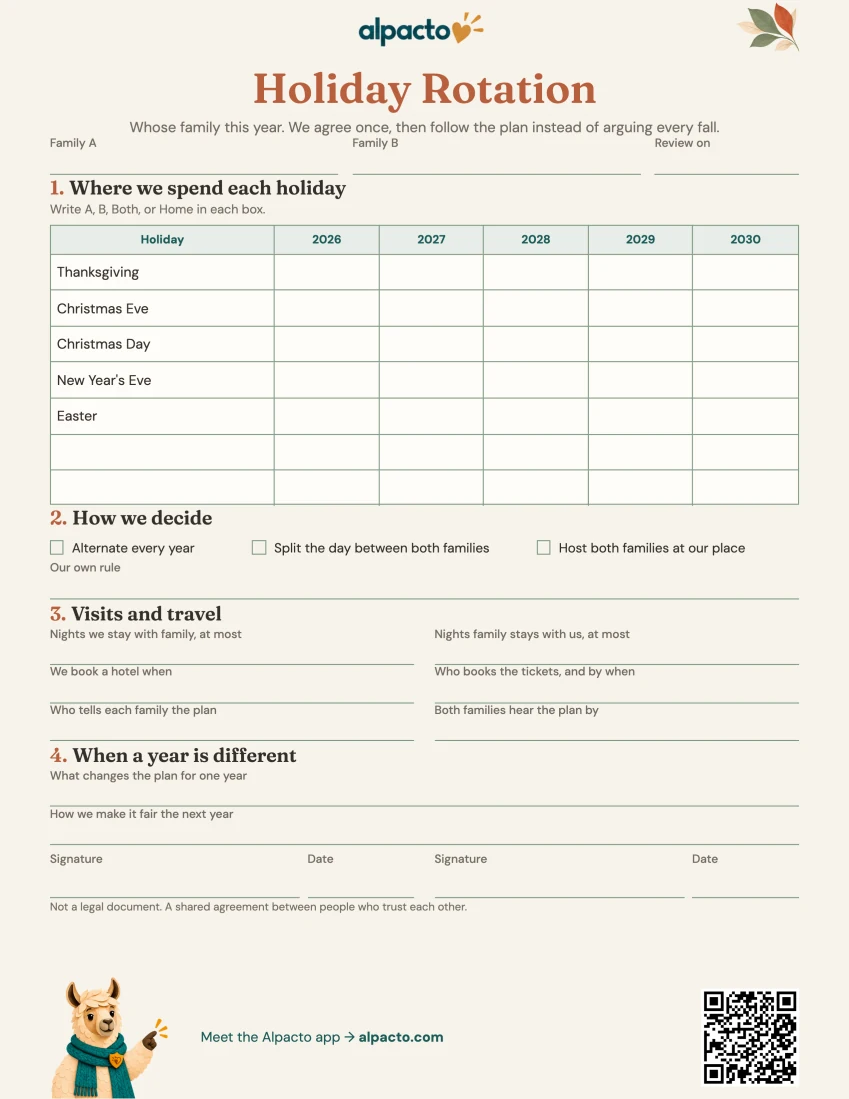 Blank holiday rotation sheet, warm design, cream paper with a sage table grid