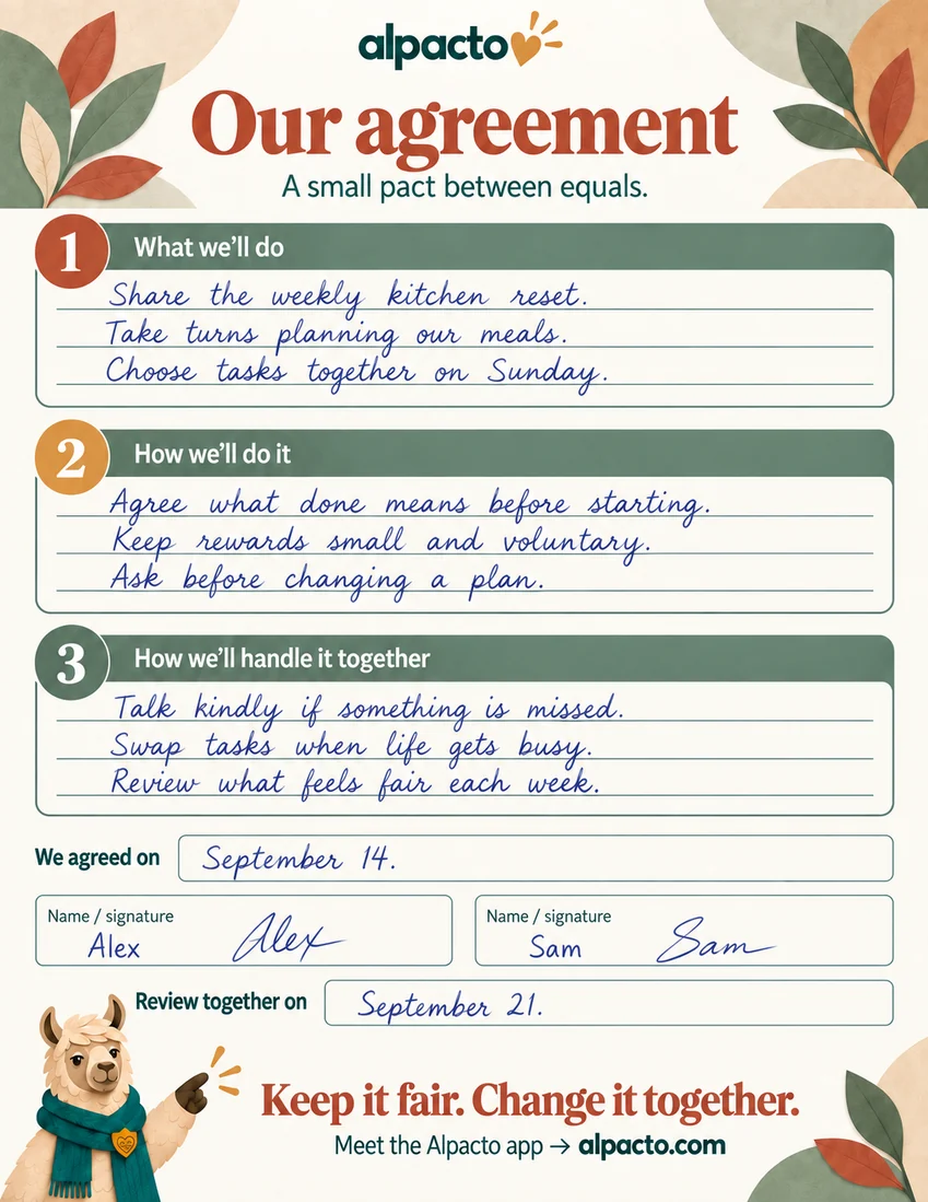 The house rules sheet filled in as an example, warm design