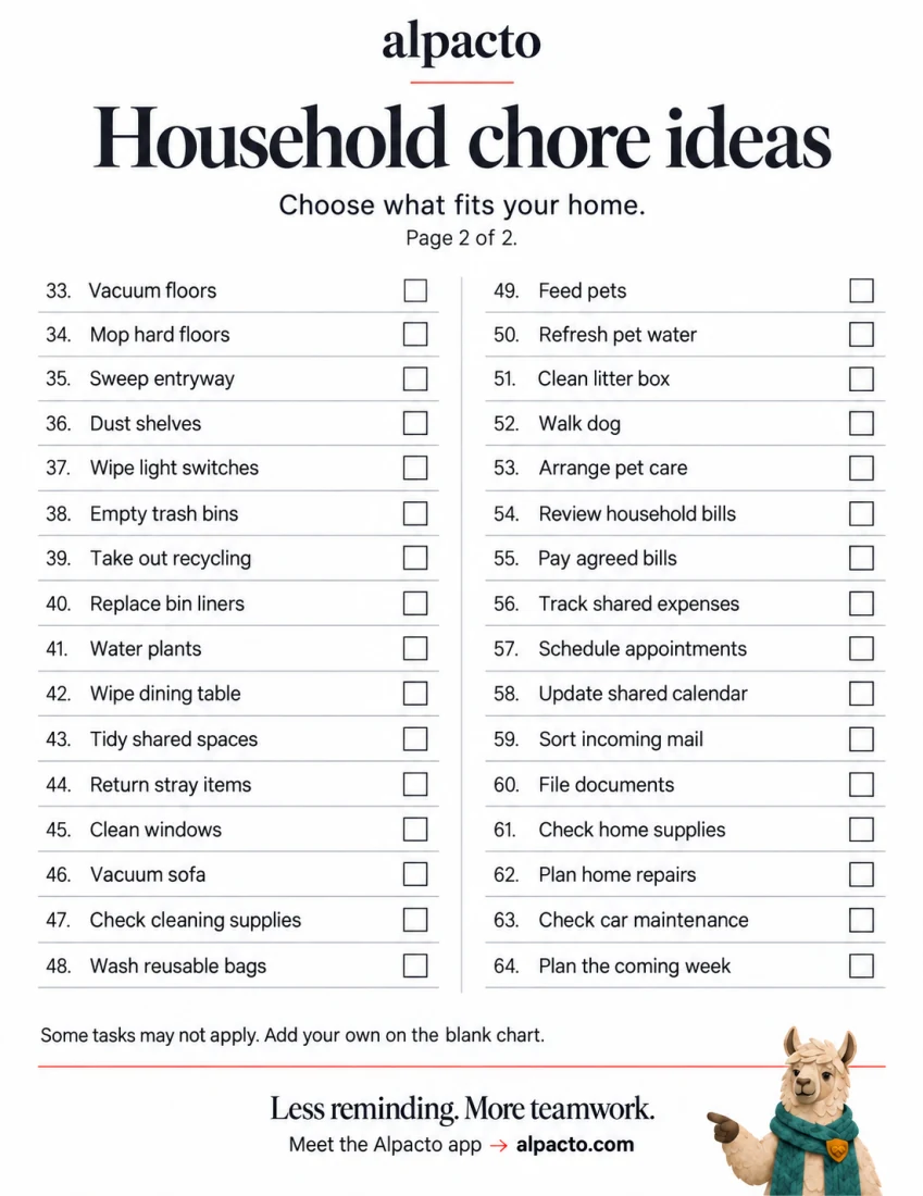 Household chores list, page 2: floors, pets, bills and paperwork