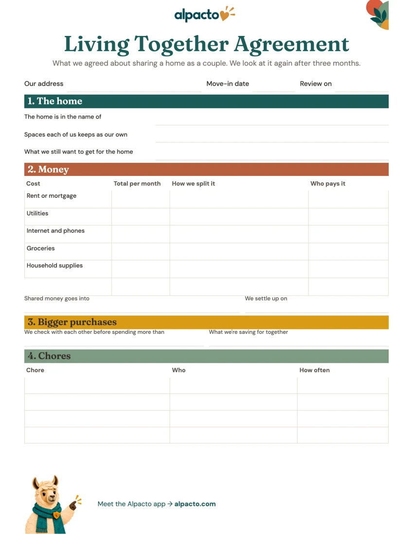 Living together agreement, color design, page 1 blank