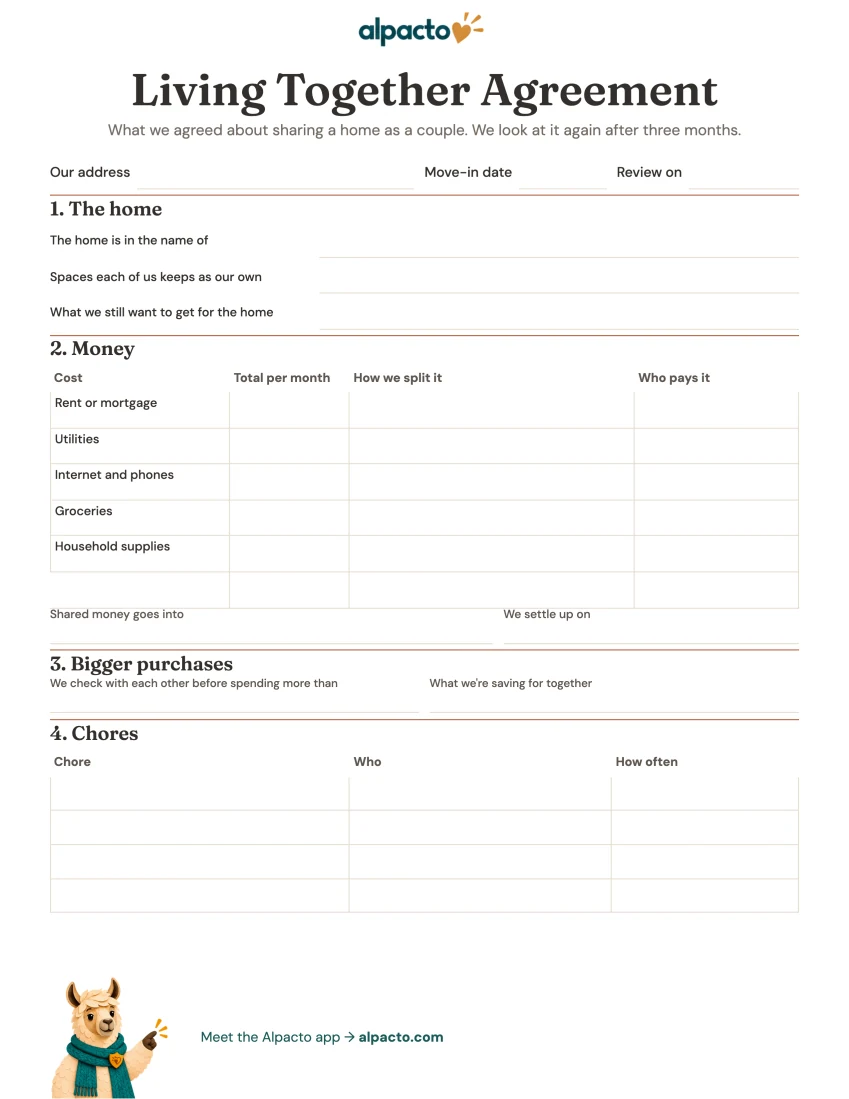 Living together agreement printable, blank page one