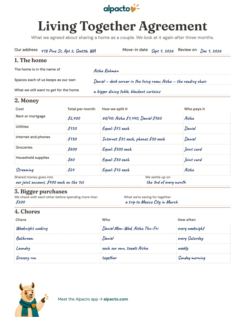 Filled-in page 1 of the living together agreement: the home, a money table, bigger purchases and four chores