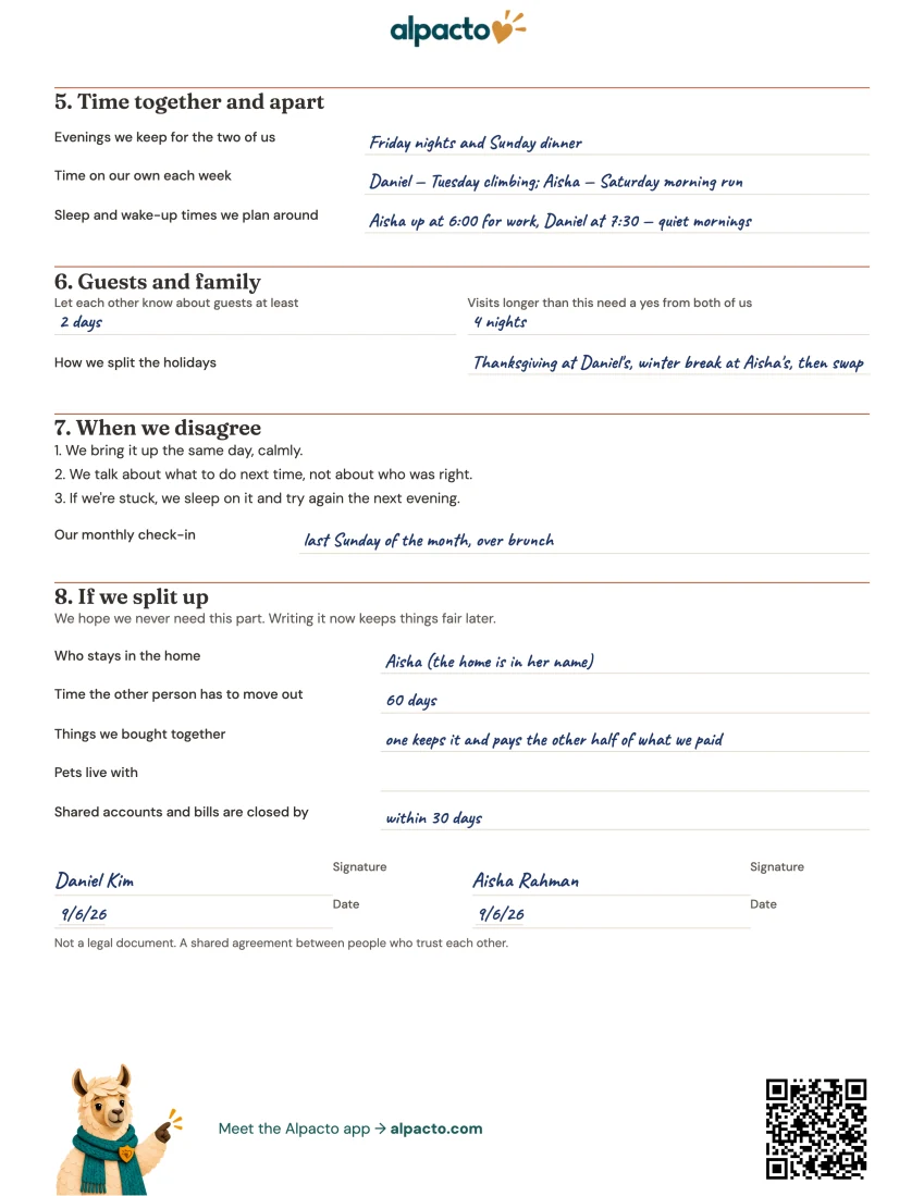 Filled-in page 2 of the living together agreement: time apart, guests, the monthly check-in and the If we split up section