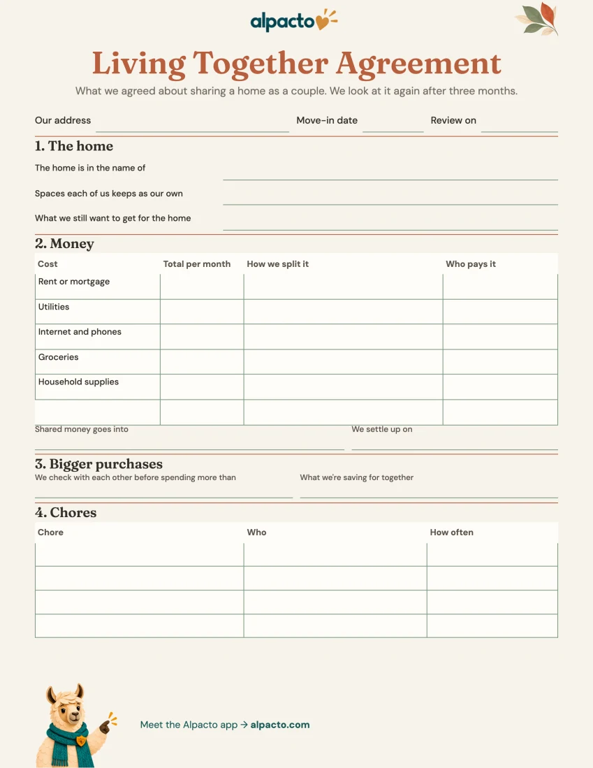 Living together agreement, warm design, page 1 blank