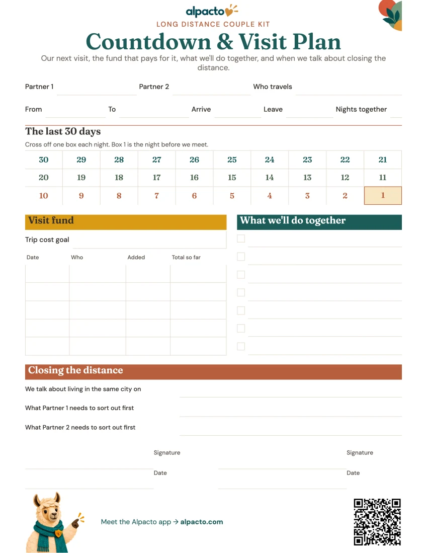 Countdown and visit plan, blank page