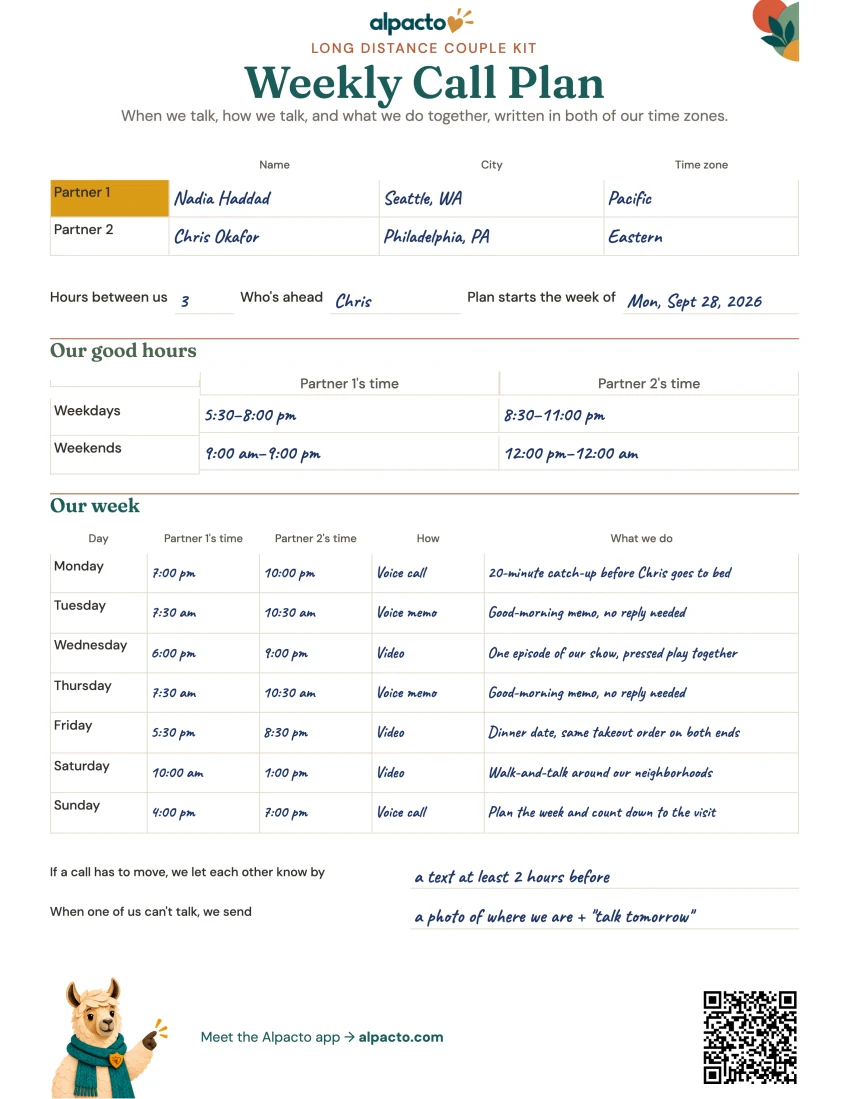 The weekly call plan filled in as an example, with each call written in both time zones