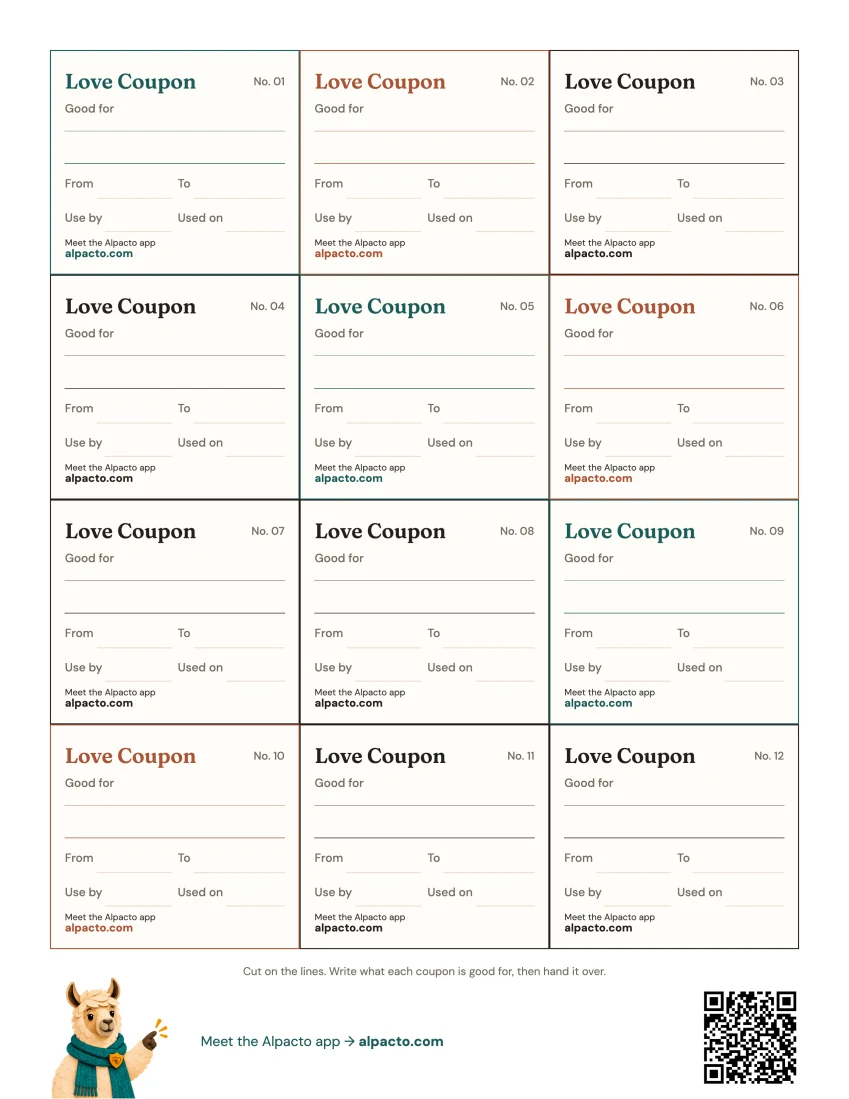 Printable love coupons sheet, twelve blank coupons
