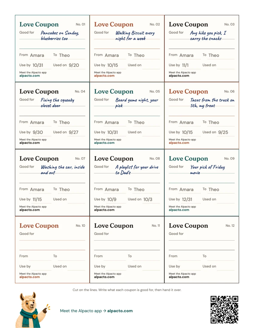 Love coupons filled in as an example: nine promises from Amara to Theo, each with a use-by date, four already marked used