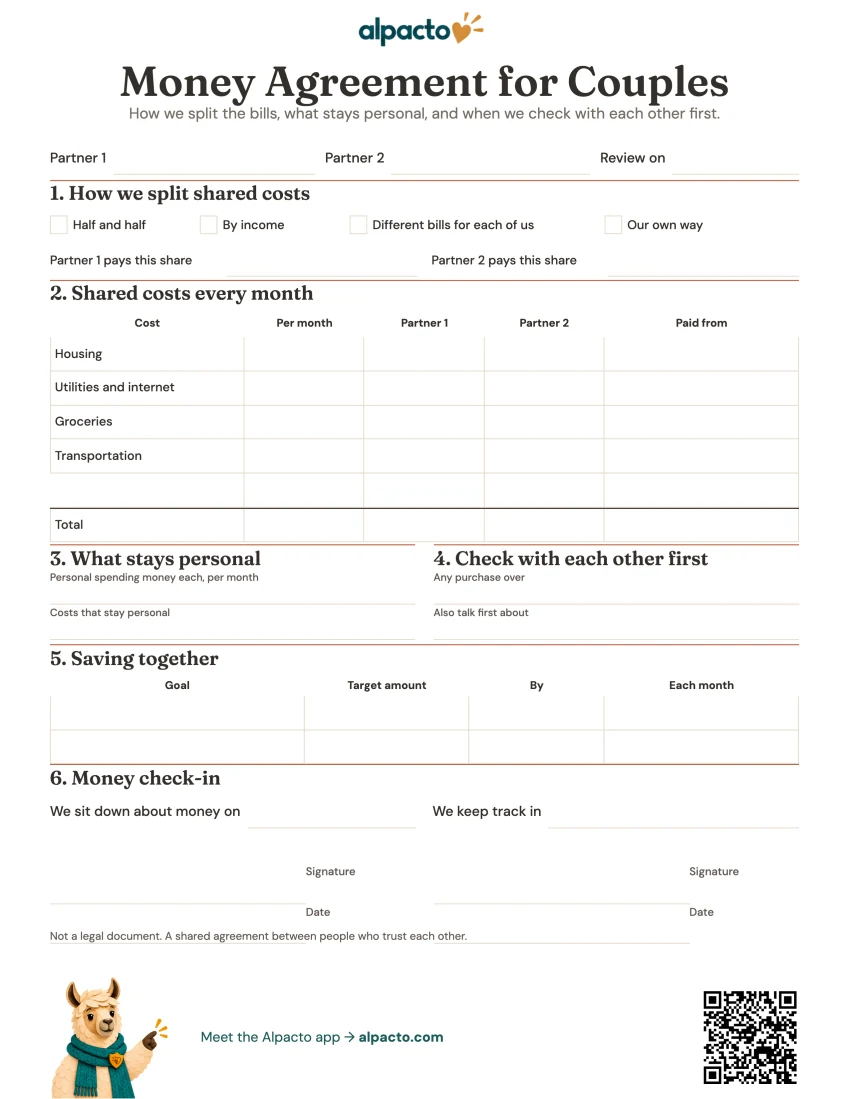 Money agreement sheet, minimal design