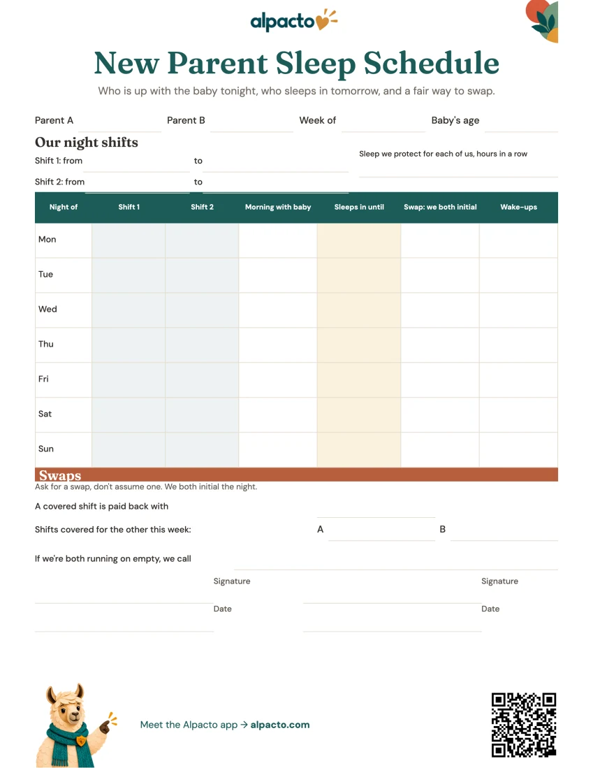 Blank sleep schedule sheet, color design, teal header row and ochre Sleeps in until column
