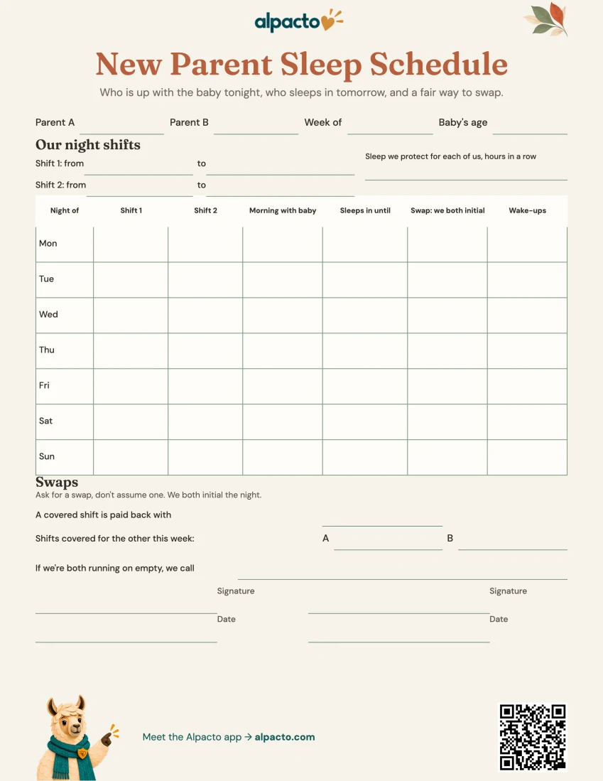 Blank sleep schedule sheet, warm design, cream paper with sage shift columns