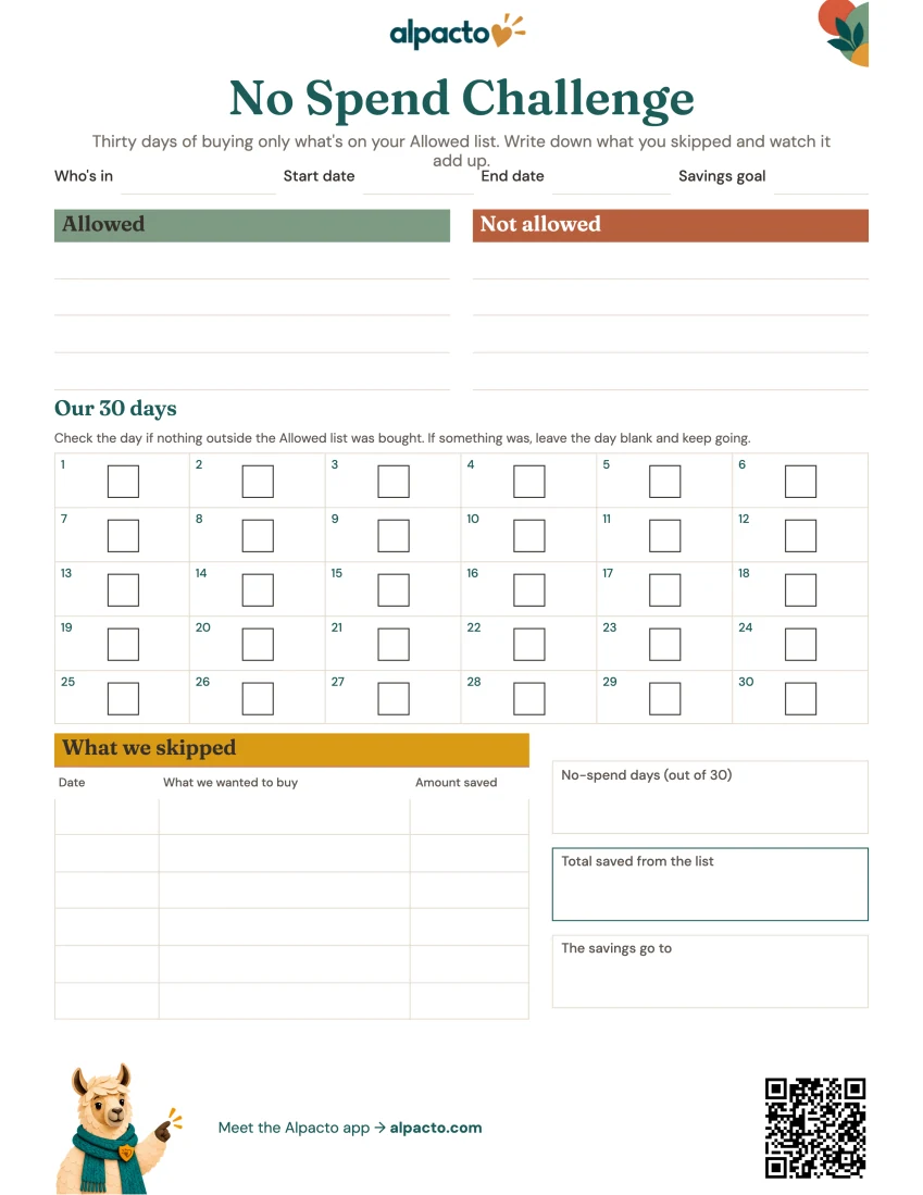 No spend challenge sheet, color design, blank
