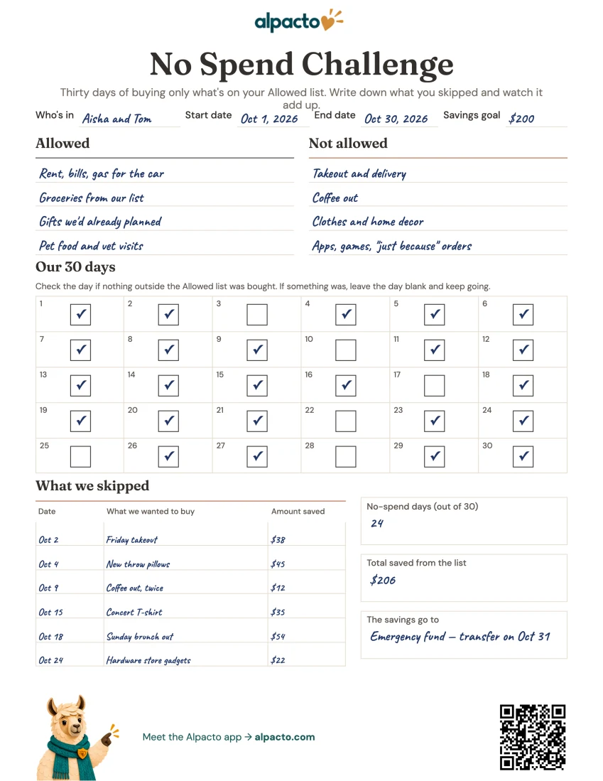 Filled-in no spend month sheet for Aisha and Tom, October 2026: 24 days checked and $206 saved against a $200 goal