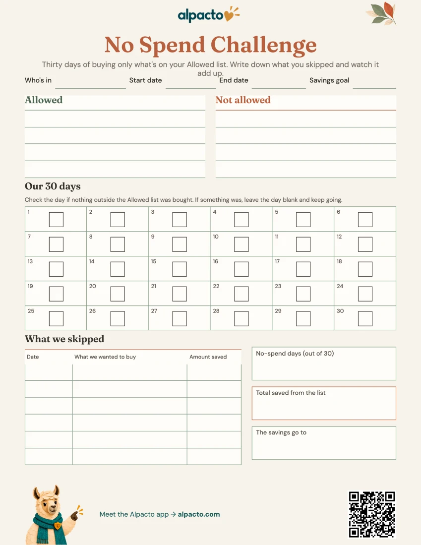 No spend challenge sheet, warm design, blank