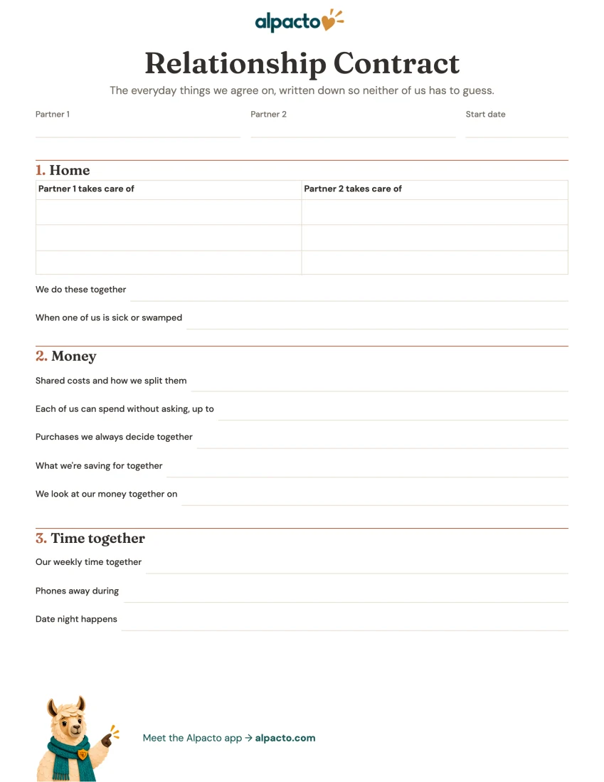 Relationship contract printable, blank page one