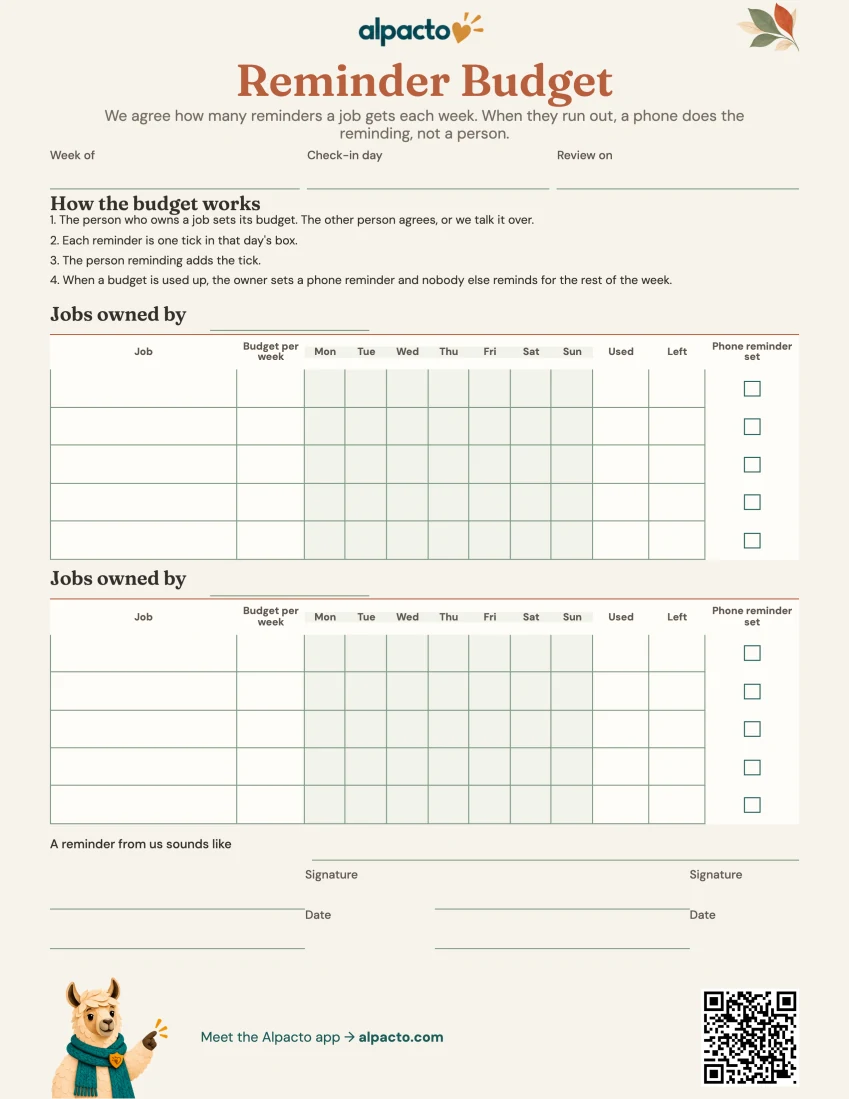 Blank reminder budget sheet, warm design, cream paper with sage day columns