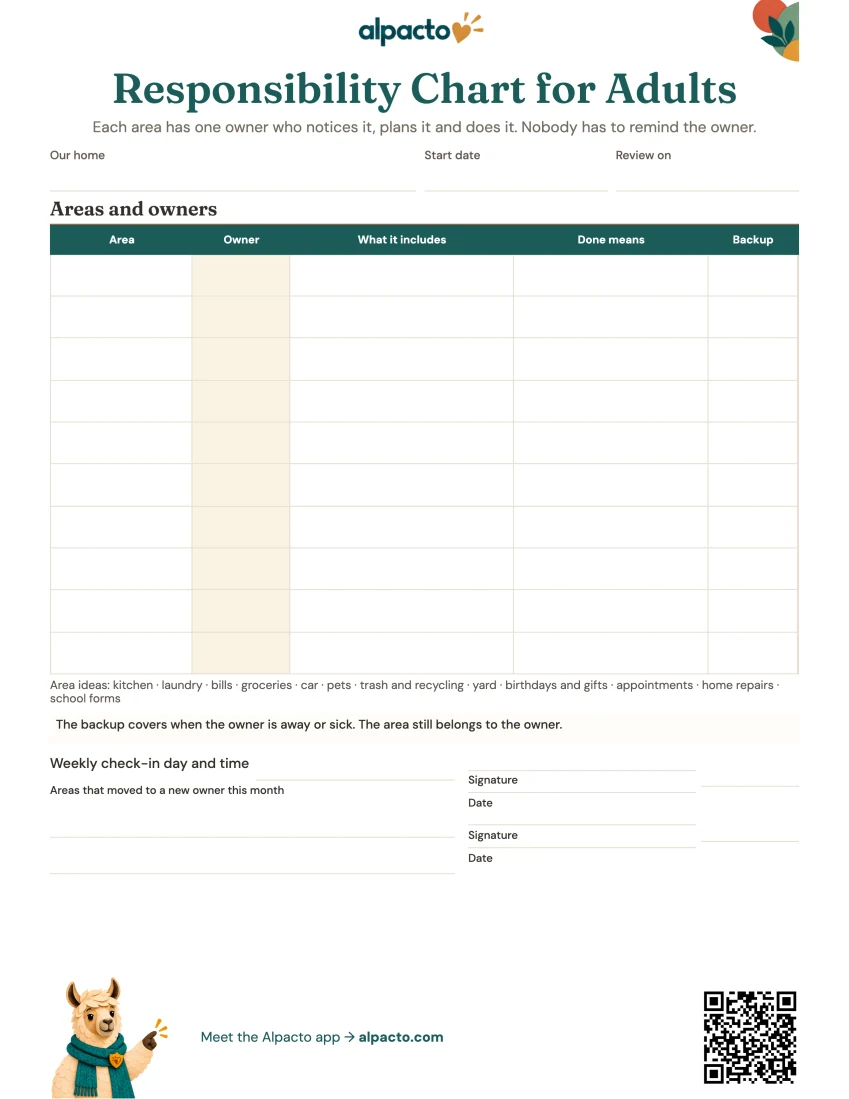Responsibility chart for adults, color design, blank