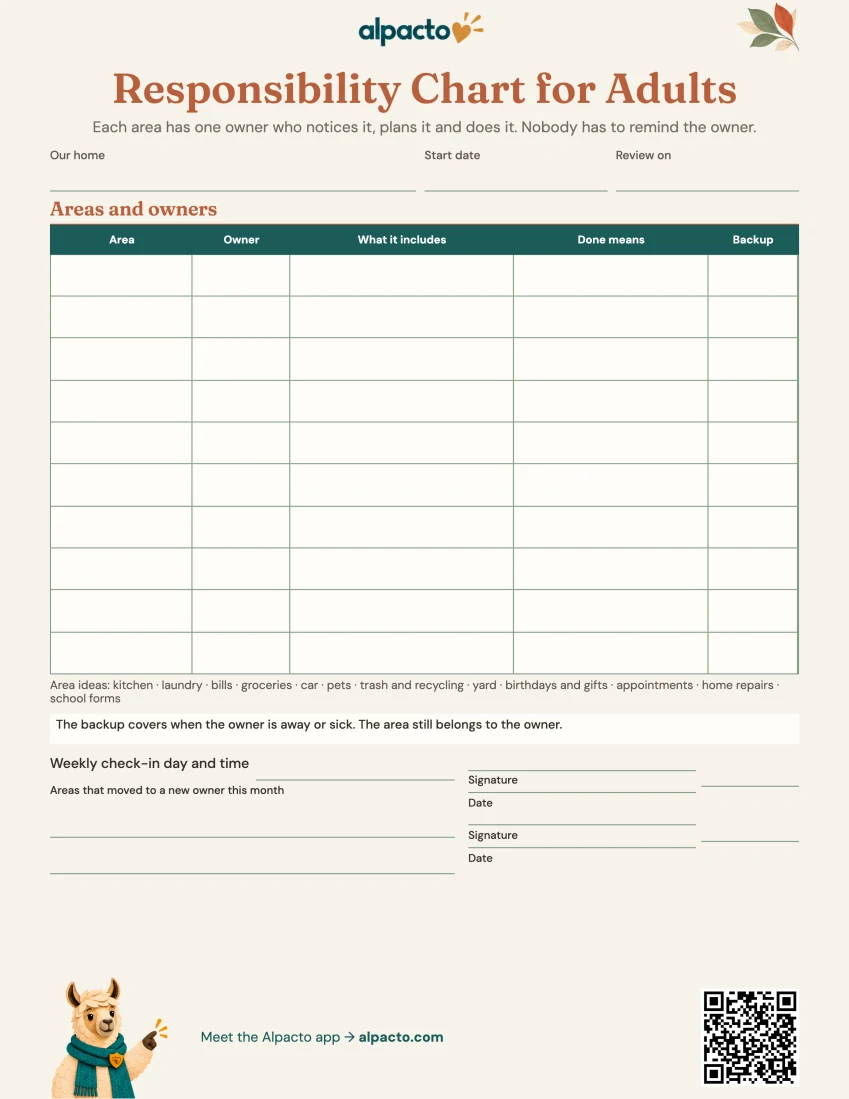 Responsibility chart for adults, warm design, blank