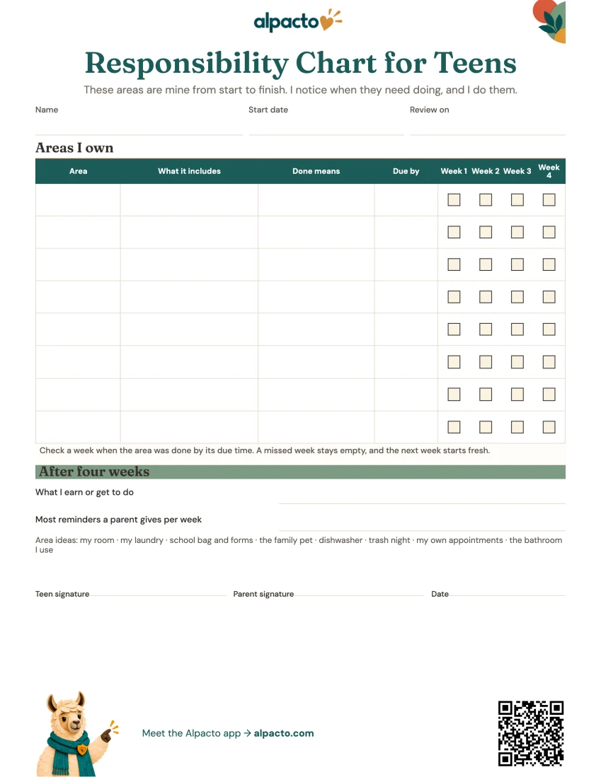 Responsibility chart for teens, color design, blank
