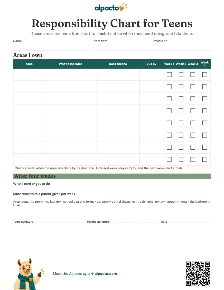 Responsibility chart for teens, minimal design, blank