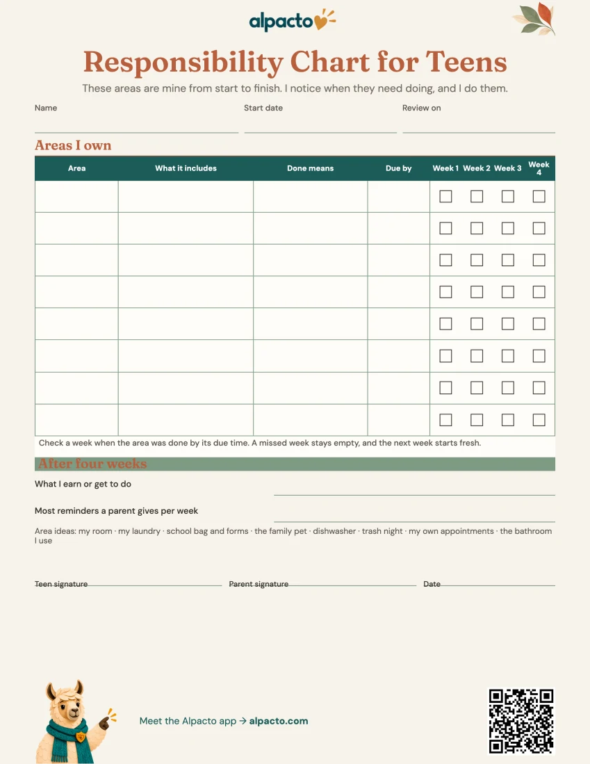 Responsibility chart for teens, warm design, blank