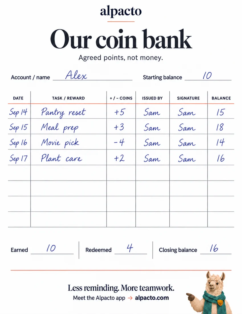 Coin log filled in: pantry reset plus 5, meal prep plus 3, movie pick minus 4