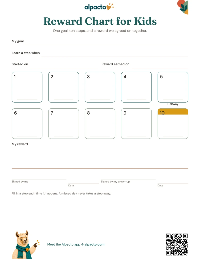 Reward chart printable for kids, color design, ten steps, blank page