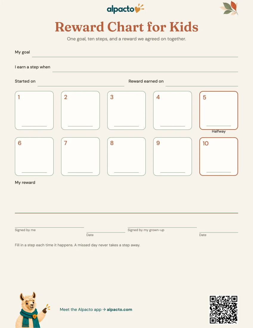 Reward chart printable, warm design, ten steps, blank