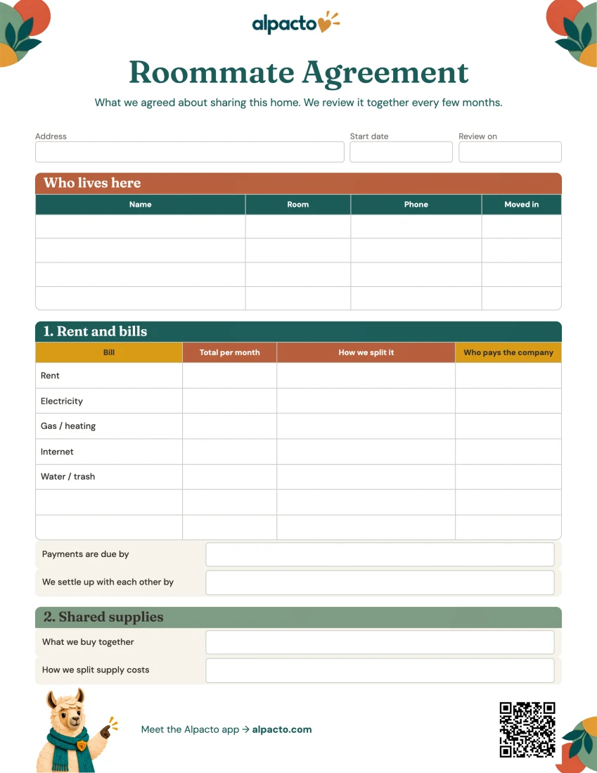 Roommate agreement, color design, page one blank