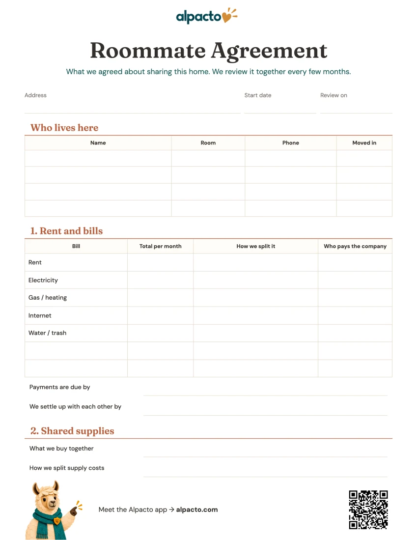 Roommate agreement printable, blank page one