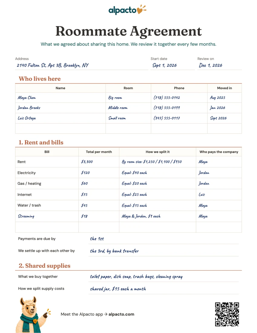 Sample roommate agreement filled in for three roommates in Brooklyn, rent split by room size and bills split equally