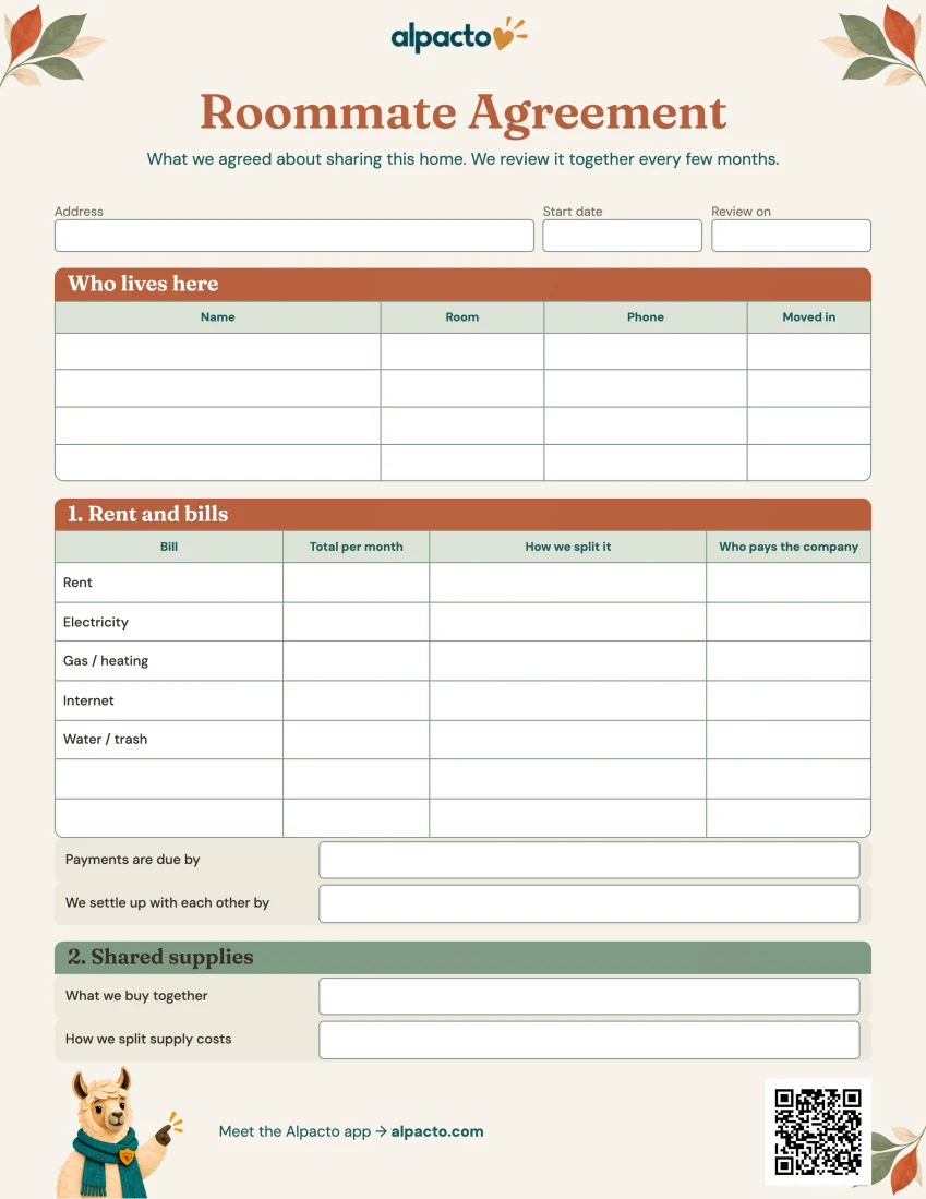 Roommate agreement, warm design, page one blank