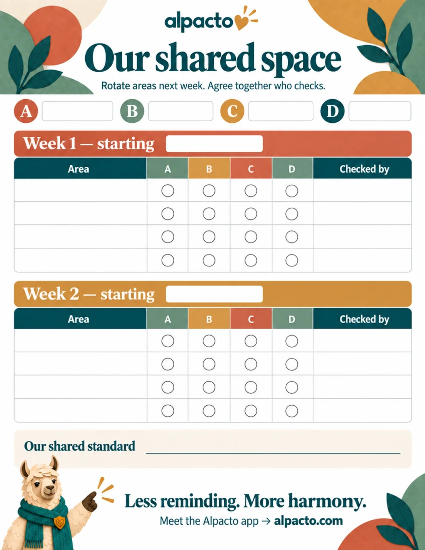 Roommate chore chart, color design, blank page