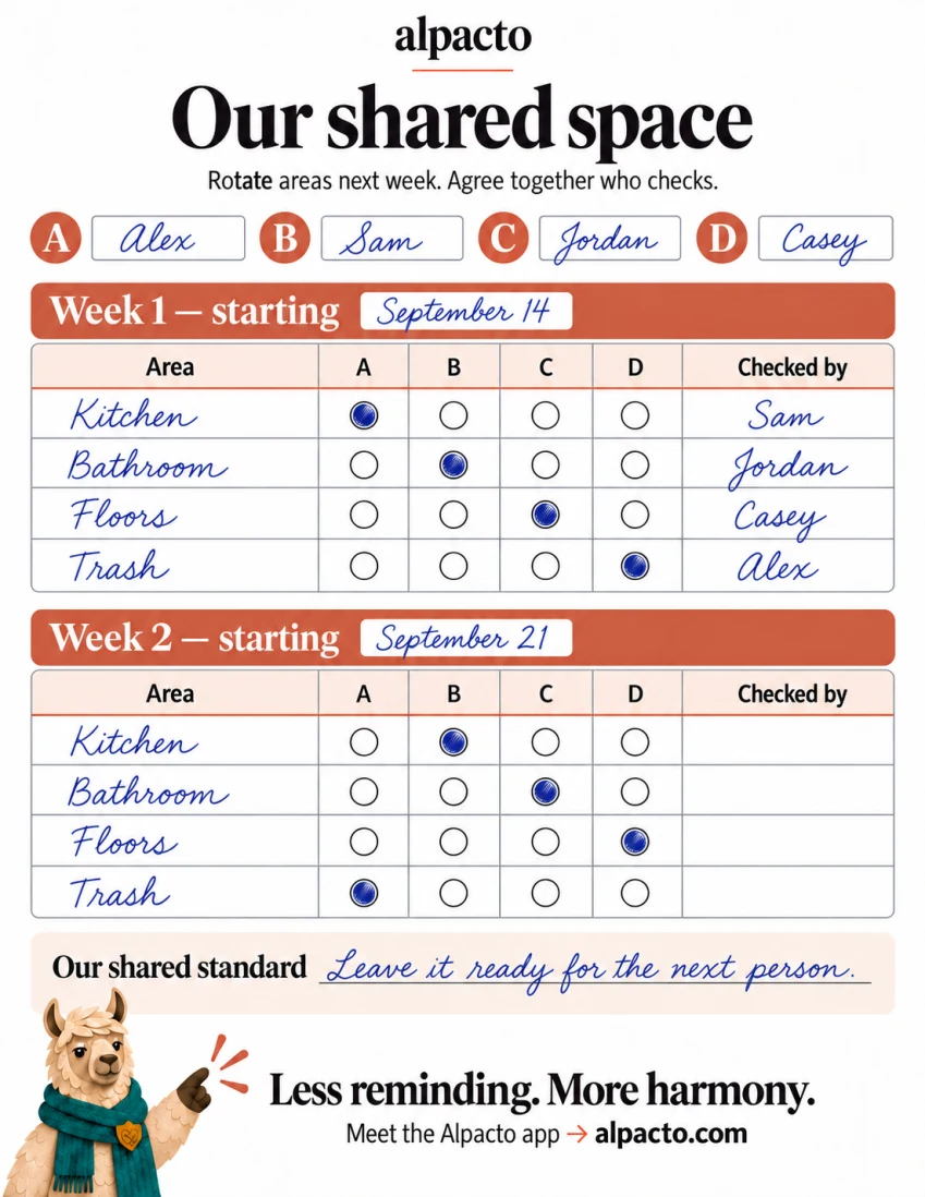 Filled-in example: Alex, Sam, Jordan and Casey rotate kitchen, bathroom, floors and trash