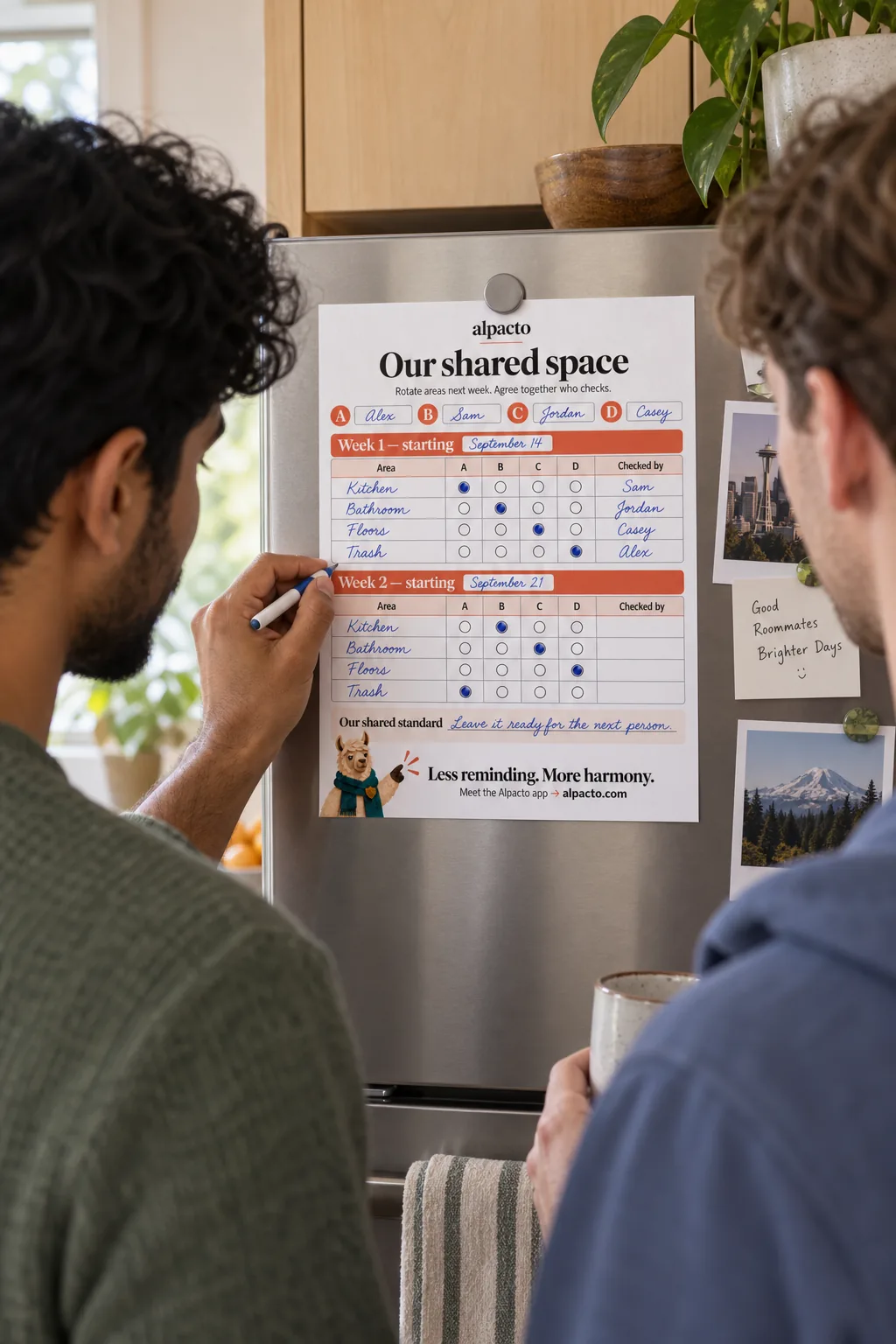 Two roommates reading the filled-in chore sheet on the fridge