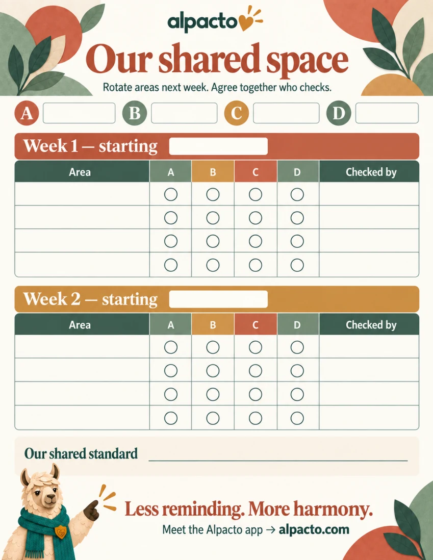 Roommate chore chart, warm design, blank page