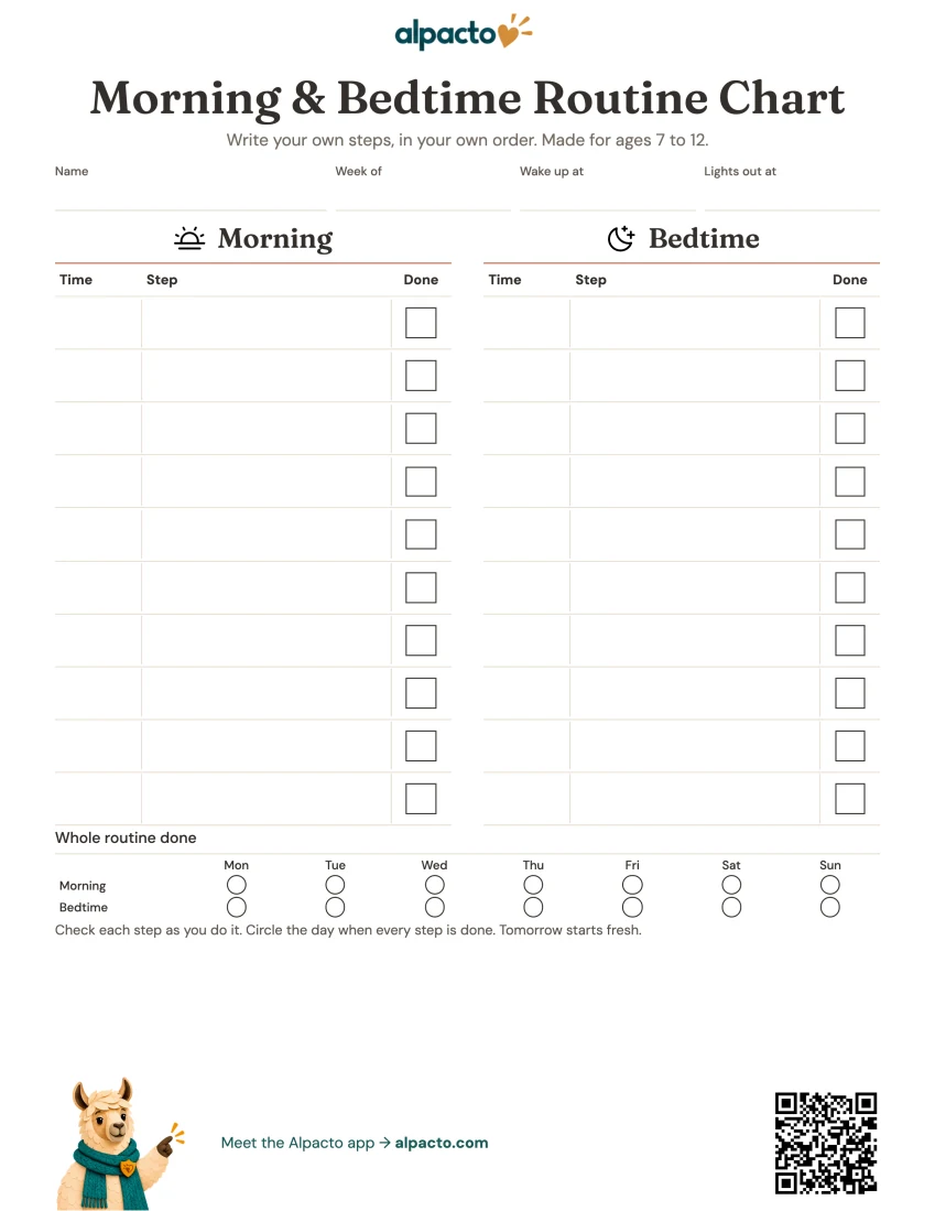 Routine chart for ages 7 to 12 printable, blank