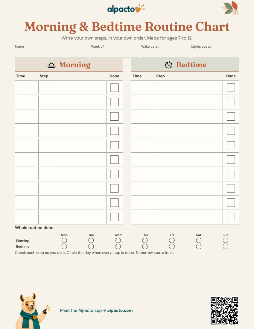 Routine chart for ages 7 to 12 in the warm design, blank Time, Step and Done rows